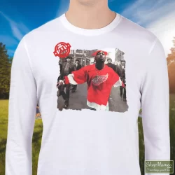 90s Tupac Shakur 2pac Wearing Detroit Red Wing Jersey Hip Hop Rap Hype Dope Swag Shirt 8 Men's 90s Tupac Shakur 2pac Wearing Detroit Red Wing Jersey Hip Hop Rap Hype Dope Swag Sweatshirt In White, Front View On Dark Wood Background