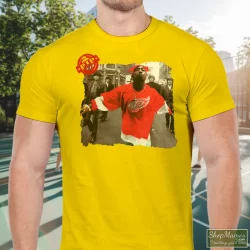 90s Tupac Shakur 2pac Wearing Detroit Red Wing Jersey Hip Hop Rap Hype Dope Swag Shirt 6 Men's 90s Tupac Shakur 2pac Wearing Detroit Red Wing Jersey Hip Hop Rap Hype Dope Swag T Shirt In Yellow, Front View On Dark Wood Background