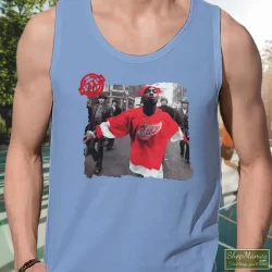 90s Tupac Shakur 2pac Wearing Detroit Red Wing Jersey Hip Hop Rap Hype Dope Swag Shirt 2 Men's 90s Tupac Shakur 2pac Wearing Detroit Red Wing Jersey Hip Hop Rap Hype Dope Swag Tank Top In Light Blue, Front View On Dark Wood Background