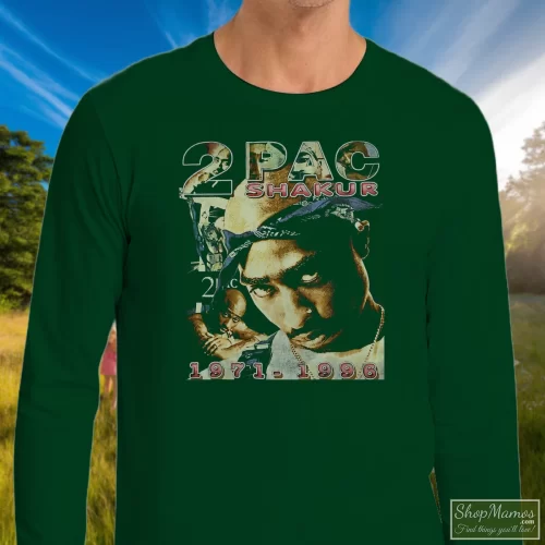 90s Tupac Shakur Only God Can Judge Me Men’s Long Sleeve – Forest Green Front View On Light Wood Background Men's 90s Tupac Shakur Only God Can Judge Me Long Sleeve In Forest Green, Front View On Light Wood Background