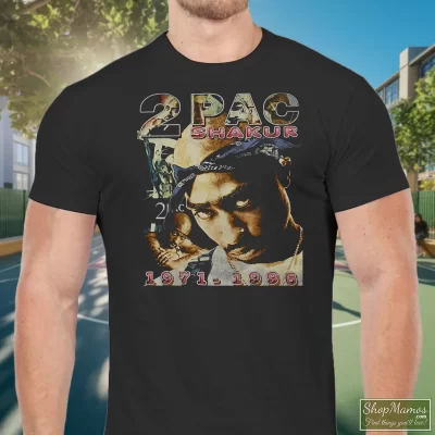 Men's 90s Tupac Shakur Only God Can Judge Me T Shirt In Black, Front View On Light Wood Background