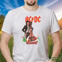 Men's Acdc 90s Mistress For Christmas Us Tour T Shirt In White, Front View On Dark Wood Background