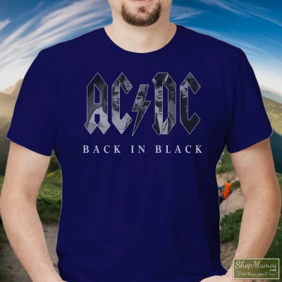 Men's Acdc Back In Black T Shirt In Navy, Front View On Light Wood Background