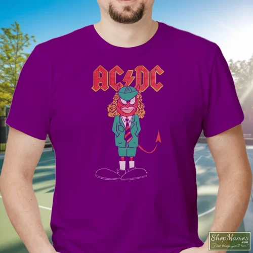 Acdc Ballbreaker 1996 Usa Tour Men’s T Shirt – Purple Front View On Light Wood Background Men's Acdc Ballbreaker 1996 Usa Tour T Shirt In Purple, Front View On Light Wood Background