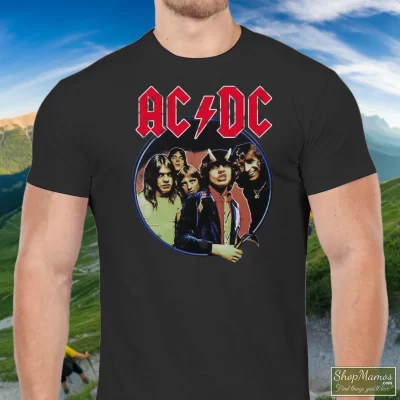 Men's Acdc Band T Shirt In Black, Front View On Light Wood Background