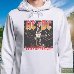 ACDC Band Tees 2000 ACDC Stiff Upper Lip Tour Tee Shirt 8 Men's Acdc Band Tees 2000 Acdc Stiff Upper Lip Tour Hoodie In White, Front View On Dark Wood Background