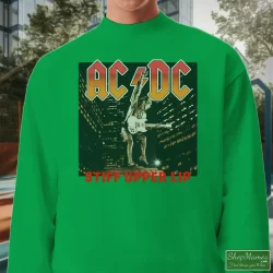 ACDC Band Tees 2000 ACDC Stiff Upper Lip Tour Tee Shirt 6 Men's Acdc Band Tees 2000 Acdc Stiff Upper Lip Tour Sweatshirt In Irish Green, Front View On Light Wood Background