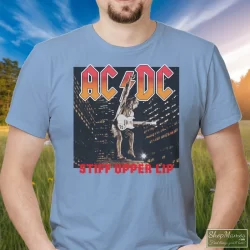 ACDC Band Tees 2000 ACDC Stiff Upper Lip Tour Tee Shirt 7 Men's Acdc Band Tees 2000 Acdc Stiff Upper Lip Tour T Shirt In Light Blue, Front View On Dark Wood Background