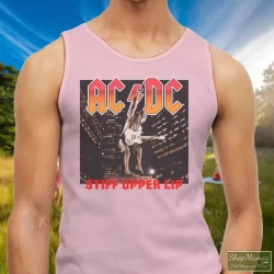 ACDC Band Tees 2000 ACDC Stiff Upper Lip Tour Tee Shirt 2 Men's Acdc Band Tees 2000 Acdc Stiff Upper Lip Tour Tank Top In Light Pink, Front View On Dark Wood Background