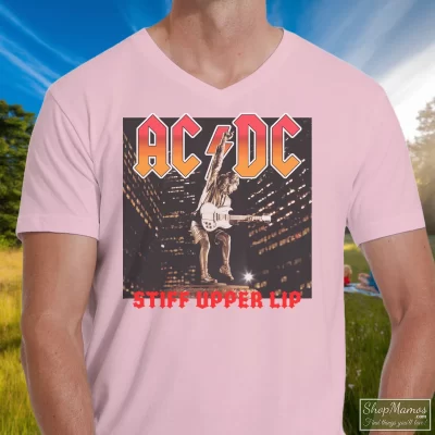 Men's Acdc Band Tees 2000 Acdc Stiff Upper Lip Tour V Neck In Light Pink, Front View On Dark Wood Background