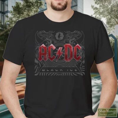 Men's Acdc Black Ice Australian Rock Band T Shirt In Black, Front View On Light Wood Background