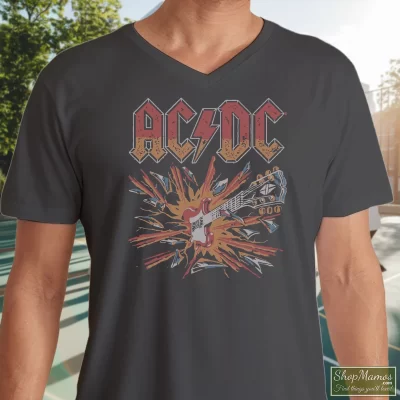 Men's AcDc Blow Up Rock V Neck In Charcoal, Front View On Dark Wood Background