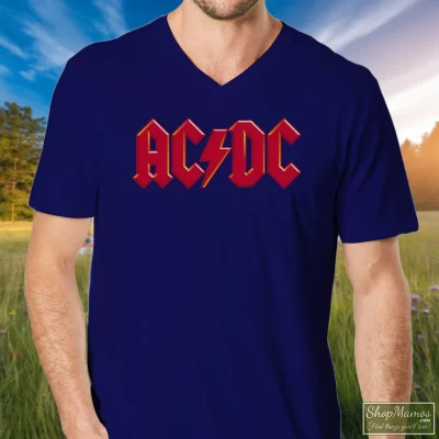 Men's Acdc Classic Logo Comfortable Short Sleeve V Neck In Navy, Front View On Light Wood Background