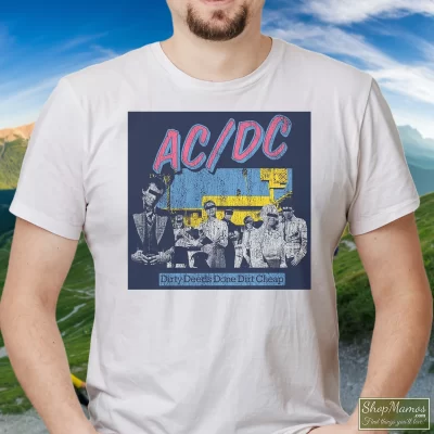 Men's Acdc Dirty Deeds Done Dirt T Shirt In White, Front View On Dark Wood Background