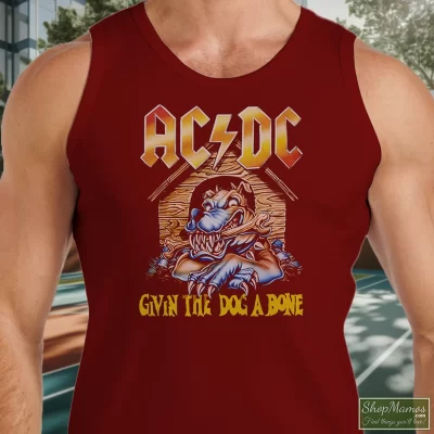 Men's Acdc Give The Dog A Bone Tank Top In Maroon, Front View On Light Wood Background