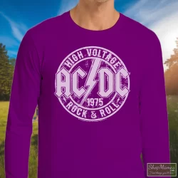 ACDC Heavy Metal Rock Band High Voltage Rock & Roll Youth Shirt 5 Men's Acdc Heavy Metal Rock Band High Voltage Rock & Roll Youth Long Sleeve In Purple, Front View On Light Wood Background