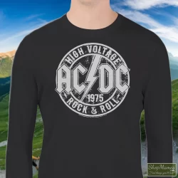 ACDC Heavy Metal Rock Band High Voltage Rock & Roll Youth Shirt 7 Men's Acdc Heavy Metal Rock Band High Voltage Rock & Roll Youth Sweatshirt In Black, Front View On Light Wood Background