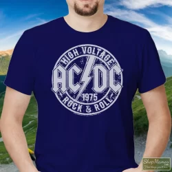 ACDC Heavy Metal Rock Band High Voltage Rock & Roll Youth Shirt 2 Men's Acdc Heavy Metal Rock Band High Voltage Rock & Roll Youth T Shirt In Navy, Front View On Light Wood Background