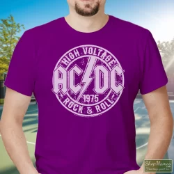 ACDC Heavy Metal Rock Band High Voltage Rock & Roll Youth Shirt 3 Men's Acdc Heavy Metal Rock Band High Voltage Rock & Roll Youth T Shirt In Purple, Front View On Light Wood Background