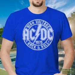 ACDC Heavy Metal Rock Band High Voltage Rock & Roll Youth Shirt 6 Men's Acdc Heavy Metal Rock Band High Voltage Rock & Roll Youth T Shirt In Royal Blue, Front View On Light Wood Background