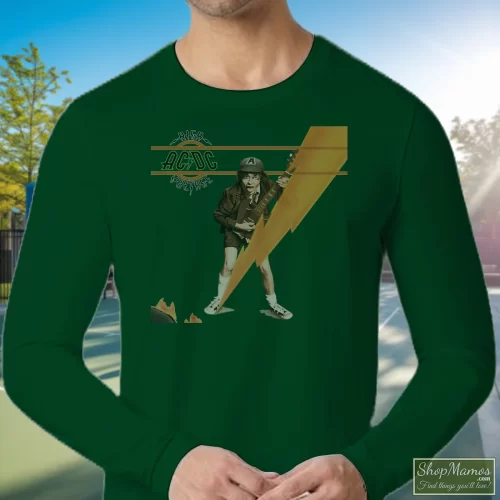 Acdc High Voltage Angus Men’s Long Sleeve – Forest Green Front View On Light Wood Background Men's Acdc High Voltage Angus Long Sleeve In Forest Green, Front View On Light Wood Background