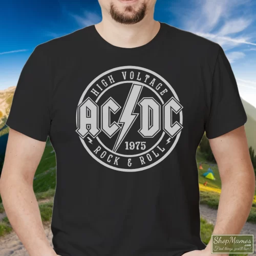 Acdc High Voltage Rock & Roll 1975 Band Album Concert Tour Men’s T Shirt – Black Front View On Light Wood Background Men's Acdc High Voltage Rock & Roll 1975 Band Album Concert Tour T Shirt In Black, Front View On Light Wood Background