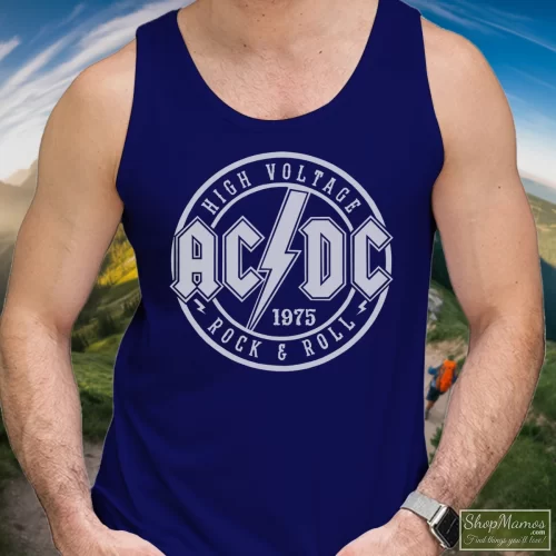 Acdc High Voltage Rock & Roll 1975 Band Album Concert Tour Men’s Tank Top – Navy Front View On Light Wood Background Men's Acdc High Voltage Rock & Roll 1975 Band Album Concert Tour Tank Top In Navy, Front View On Light Wood Background