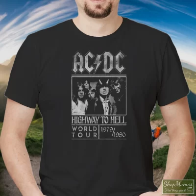Men's Acdc Highway To Hell World Tour 79 - 80 Rock T Shirt In Black, Front View On Light Wood Background