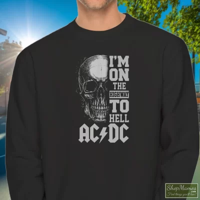 Men's Acdc I'm On The Highway To Hell Sweatshirt In Black, Front View On Light Wood Background