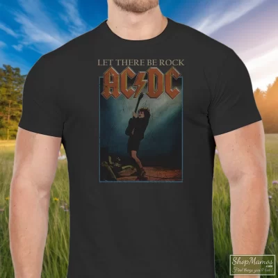 Men's Acdc Let There Be Rock Mens Big And Tall T Shirt In Black, Front View On Light Wood Background