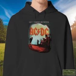 ACDC Let There Be Rock Rock Band Shirt 6 Men's Acdc Let There Be Rock Rock Band Hoodie In Black, Front View On Light Wood Background