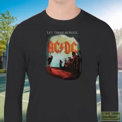 ACDC Let There Be Rock Rock Band Shirt 4 Men's Acdc Let There Be Rock Rock Band Sweatshirt In Black, Front View On Light Wood Background