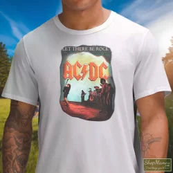 ACDC Let There Be Rock Rock Band Shirt 9 Men's Acdc Let There Be Rock Rock Band T Shirt In White, Front View On Dark Wood Background