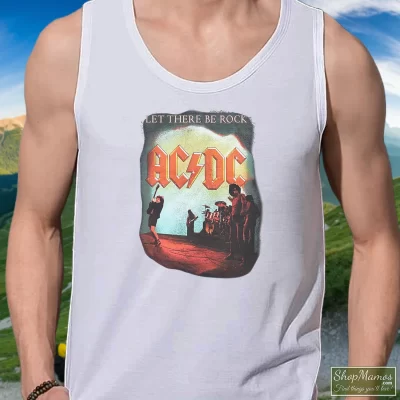 Men's Acdc Let There Be Rock Rock Band Tank Top In White, Front View On Dark Wood Background
