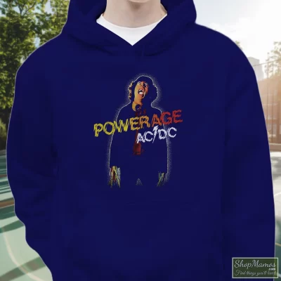 Men's Acdc Powerage Hoodie In Navy, Front View On Light Wood Background