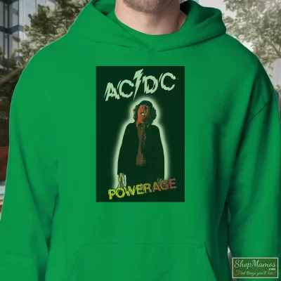 Men's Acdc Powerage Rock Band Legend Hoodie In Irish Green, Front View On Light Wood Background