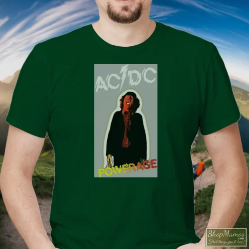 Acdc Powerage Rock Band Legend Men’s T Shirt – Forest Green Front View On Light Wood Background Men's Acdc Powerage Rock Band Legend T Shirt In Forest Green, Front View On Light Wood Background