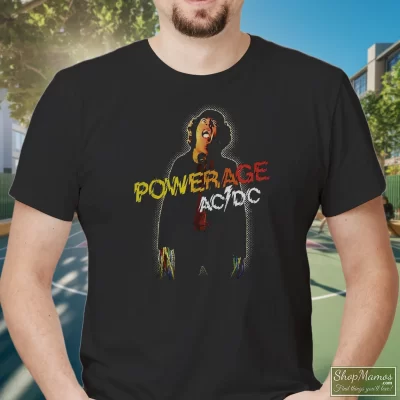 Men's Acdc Powerage T Shirt In Black, Front View On Light Wood Background