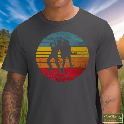 Men's Acdc Rock Band Retro T Shirt In Charcoal, Front View On Dark Wood Background