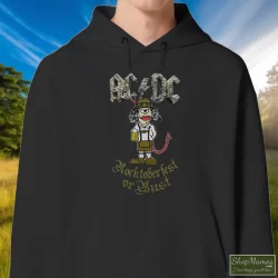 ACDC Rocktoberfest Or Bust Angus Young Cartoon Beer Can Shirt 7 Men's Acdc Rocktoberfest Or Bust Angus Young Cartoon Beer Can Hoodie In Black, Front View On Light Wood Background