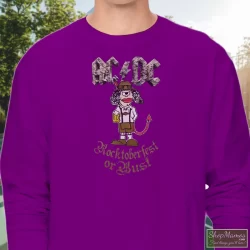 ACDC Rocktoberfest Or Bust Angus Young Cartoon Beer Can Shirt 4 Men's Acdc Rocktoberfest Or Bust Angus Young Cartoon Beer Can Long Sleeve In Purple, Front View On Light Wood Background