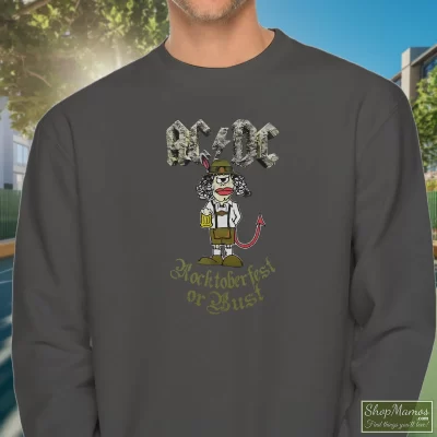 Men's Acdc Rocktoberfest Or Bust Angus Young Cartoon Beer Can Sweatshirt In Charcoal, Front View On Dark Wood Background