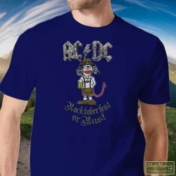 ACDC Rocktoberfest Or Bust Angus Young Cartoon Beer Can Shirt 3 Men's Acdc Rocktoberfest Or Bust Angus Young Cartoon Beer Can T Shirt In Navy, Front View On Light Wood Background