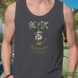 ACDC Rocktoberfest Or Bust Angus Young Cartoon Beer Can Shirt 2 Men's Acdc Rocktoberfest Or Bust Angus Young Cartoon Beer Can Tank Top In Charcoal, Front View On Dark Wood Background