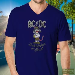 ACDC Rocktoberfest Or Bust Angus Young Cartoon Beer Can Shirt 6 Men's Acdc Rocktoberfest Or Bust Angus Young Cartoon Beer Can V Neck In Navy, Front View On Light Wood Background