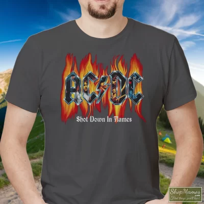 Men's Acdc Shot Down In Flames Black Music T Shirt In Charcoal, Front View On Dark Wood Background
