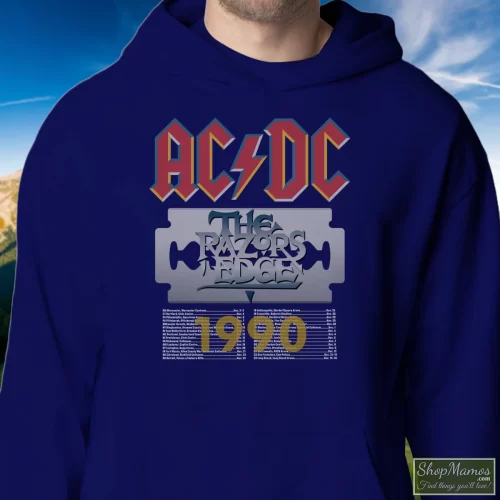 Acdc The Razors Edge Tour 1990 Men’s Hoodie – Navy Front View On Light Wood Background Men's Acdc The Razors Edge Tour 1990 Hoodie In Navy, Front View On Light Wood Background