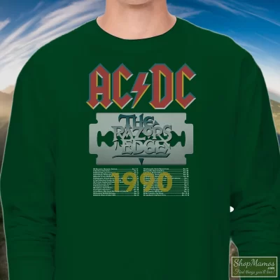Men's Acdc The Razors Edge Tour 1990 Long Sleeve In Forest Green, Front View On Light Wood Background
