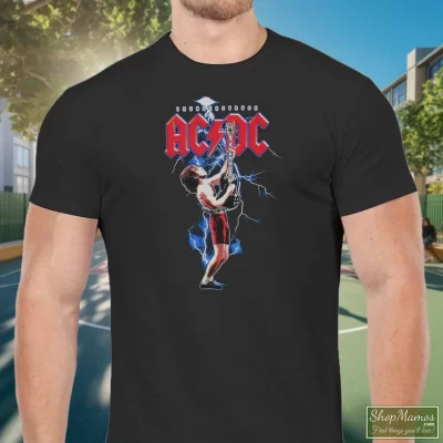 Men's Acdc Thunderstruck Ft Lauderdale Event 2016 Angus T Shirt In Black, Front View On Light Wood Background