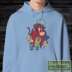 Men's American Grateful Dead 1993 Yosemite Sam Looney Tunes Hippy Hoodie In Light Blue, Front View On Dark Wood Background